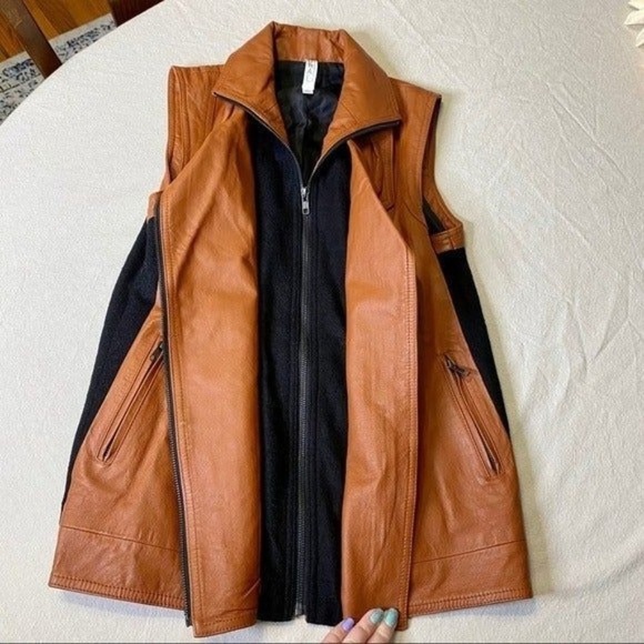 Mural Brown Leather & Wool Zip Up Vest Moto Jacket Small - Picture 12 of 12